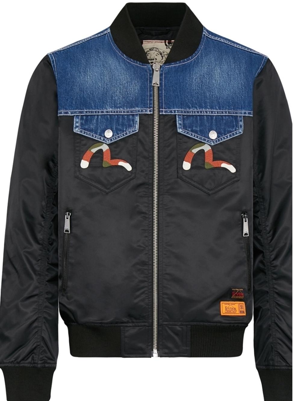 EVISU Denim-Yoke Black Bomber Jacket with Pocket Embroidery
